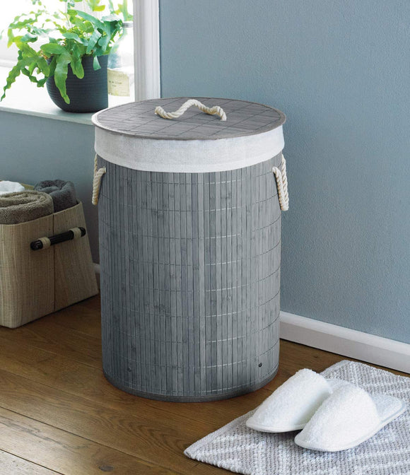 Grey Round Bamboo Laundry Basket