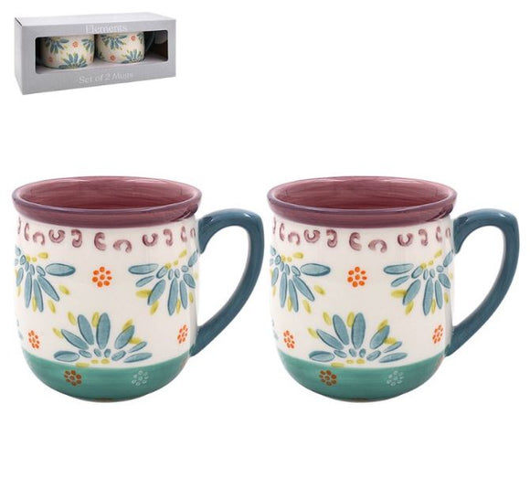 Set Of 2 Flowers Glazed Embossed Mug