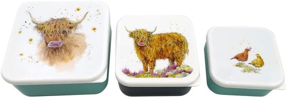 Jan Pashley Highland Cow Set of 3 Plastic Stacking Lunchboxes