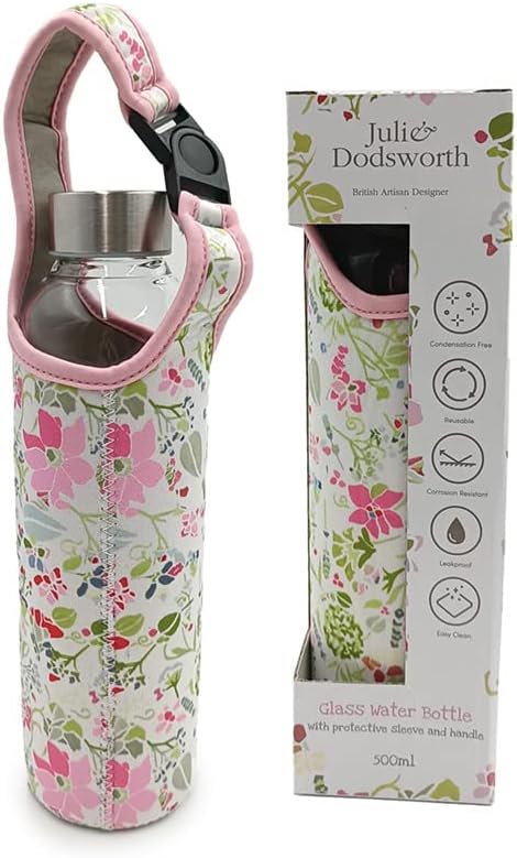 Julie Dodsworth Pink Botanical Glass Water Bottle With Sleeve