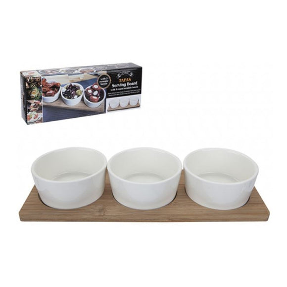 Bamboo Serving Tray with 3 Ceramic Dishes