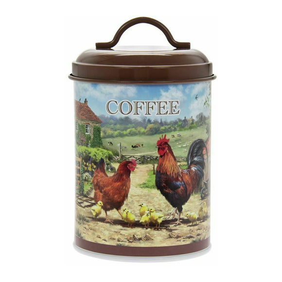 Cockerel and Hen Round Enameled Coffee Tin