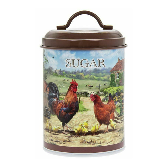 Cockerel and Hen Round Enameled Sugar Tin