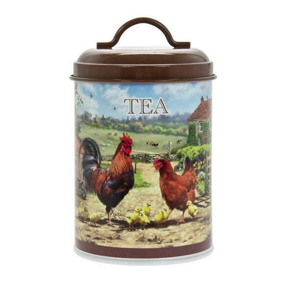 Cockerel and Hen Round Enameled Tea Tin