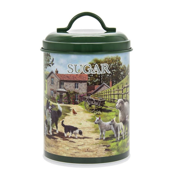 Collie and Sheep Round Enameled Sugar Tin