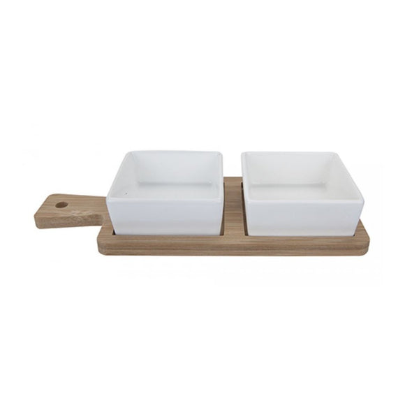 Wooden Serving Tray with 2 Ceramic Dishes