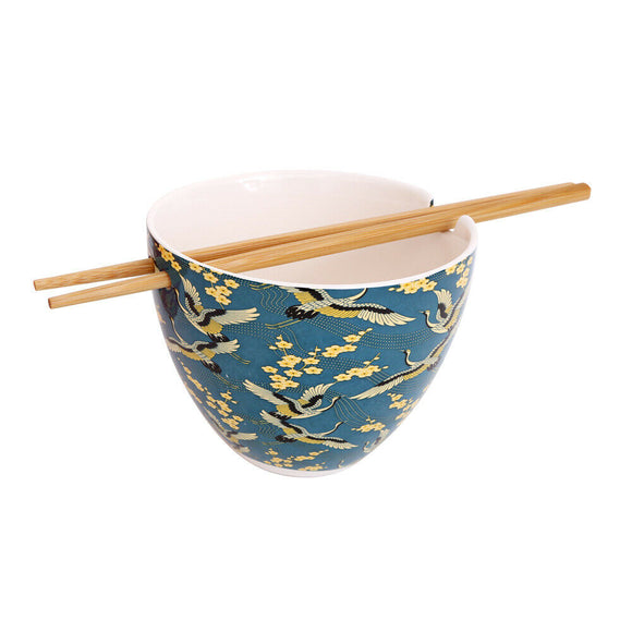 Oriental Style Blue Crane Design Bowl with Bamboo Chopsticks