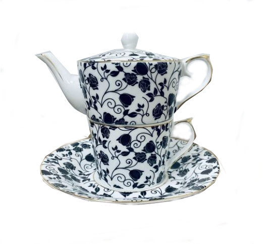 Black and White Floral Ceramic Teapot